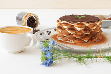 Round tiramisu, homemade no-bake traditional Italian sweet dessert. Blue table with cake, bowl with cocoa powder, round sponge biscuits, coffee beans and coffee with milk. White background.