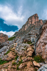Panoramic view of Nuvolau mountain in the Dolomites, Italy.
