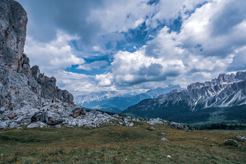 Panoramic view of Croda da Lago a mountain range in the central Dolomites, northern Italy.