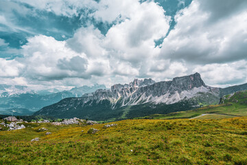 Obraz premium Panoramic view of Croda da Lago a mountain range in the central Dolomites, northern Italy..The Giau Pass and the Croda da Lago.