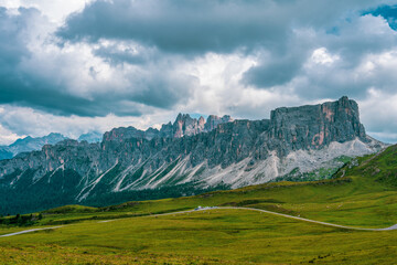 Panoramic view of Croda da Lago a mountain range in the central Dolomites, northern Italy..The Giau Pass and the Croda da Lago.