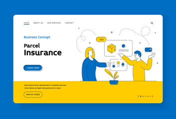 Obraz na płótnie Canvas Parcel insurance landing page banner template. Modern couple ordering delivery to home. Flat line vector illustration