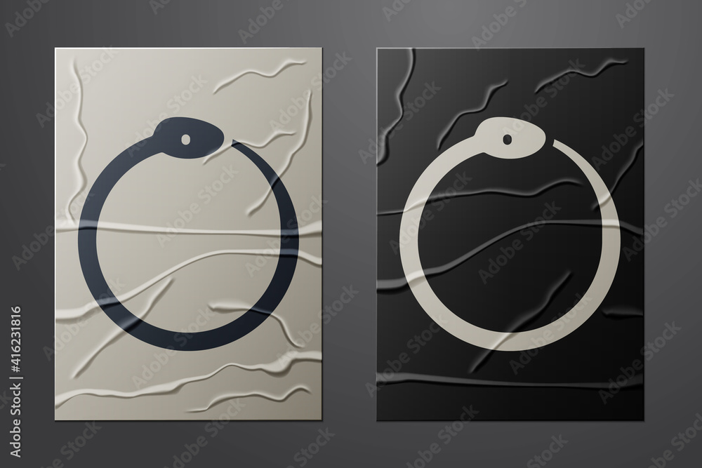 Poster white magic symbol of ouroboros icon isolated on crumpled paper background. snake biting its own tai