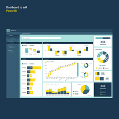 Power bi dashboard design. Data analytics report. Information template design. EPS10
