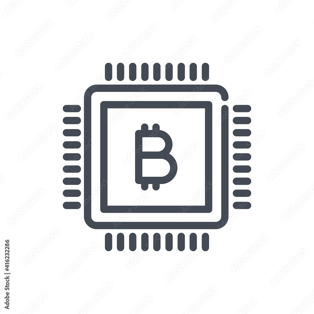 Poster bitcoin chip line icon. cryptocurrency mining vector outline sign.