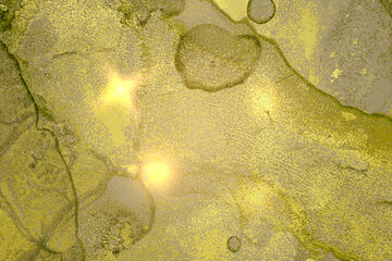 Gold and olive green abstract marble pattern with sparkles. Vector background in alcohol ink technique with glitter. Template for banner, poster design. Fluid art painting