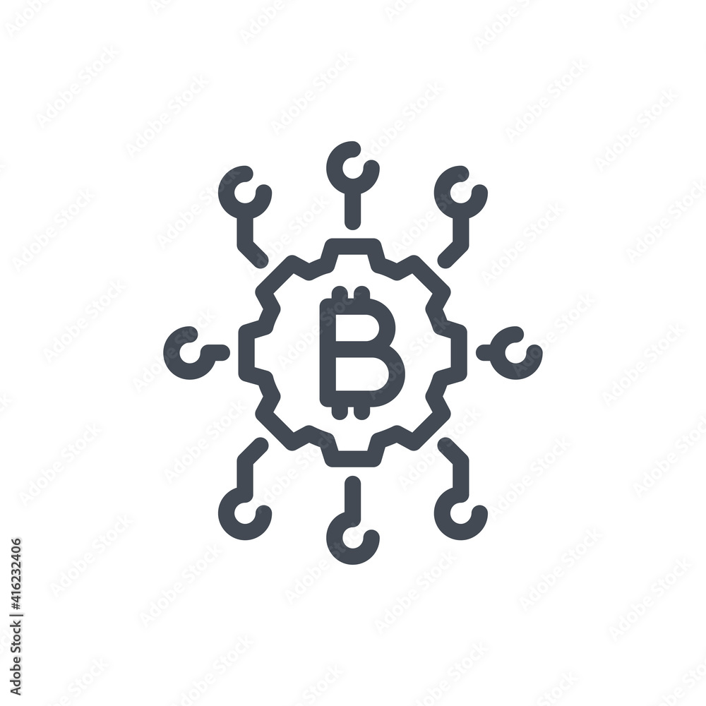 Poster bitcoin network line icon. gear with connections and bitcoin vector outline sign.