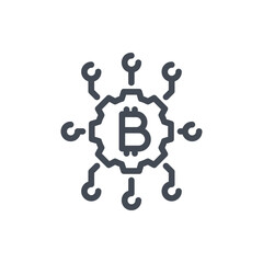 Bitcoin network line icon. Gear with connections and bitcoin vector outline sign.