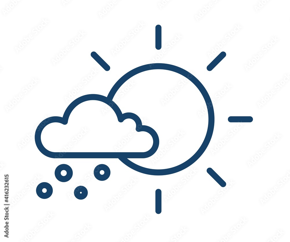 Poster simple icon with hail falling from cloud in sunny weather. meteorology logo with sun and snow in lin