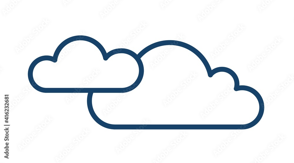 Poster Cloudy and overcast weather icon with two clouds in line art style. Abstract simple logo. Contoured flat vector illustration isolated on white background