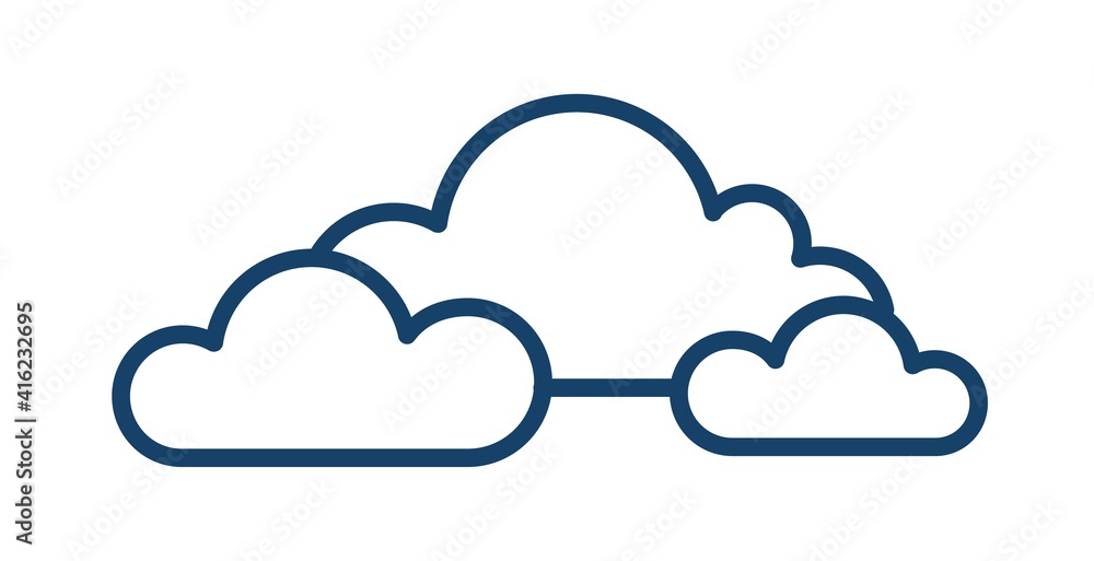 Poster Cloudy and overcast weather icon with group of clouds in line art style. Abstract simple linear logo. Contoured flat vector illustration isolated on white background