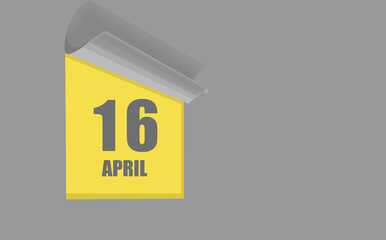 April 16. 16-th day of the month, calendar date. Gray numbers in a yellow window, on a solid isolated background. Spring month, day of the year concept