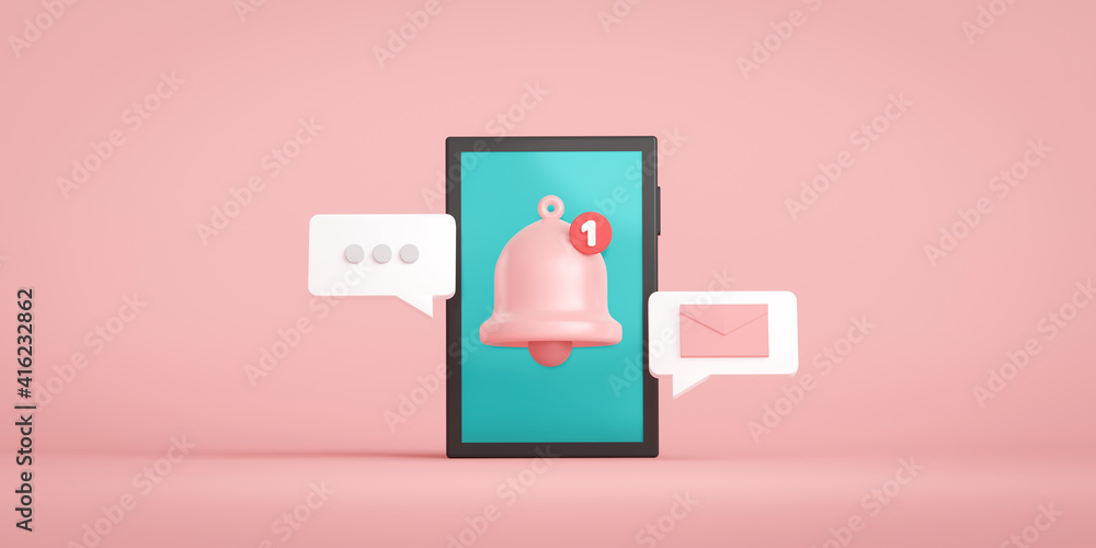 Poster notification message bell icon alert and alarm on pastel color background with smartphone reminder. 