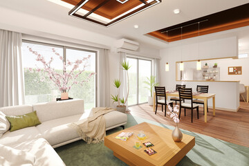 爽やかな光が溢れる「桜の花」のあるリビングインテリア / 家花見・ステイホーム花見のコンセプトイメージ / 3Dレンダリンググラフィックス