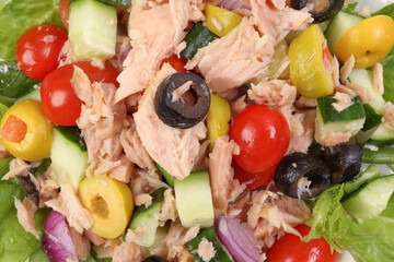 Tuna fish meat salad cucumber tomato onion black green olive leaf lettuce on white plate over white...