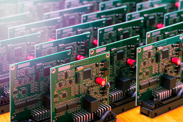 Close-up Image of Produced Automotive Printed Circuit Boards with Soldered SMD or Surface Mounted...