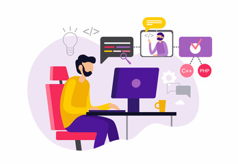 Fototapeta premium Online programming courses at home. Flat vector illustration