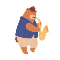 Brown teddy bear in hat playing sax. Cute romantic animal musician performing jazz music. Funny childish character with saxophone. Colored flat vector illustration isolated on white background