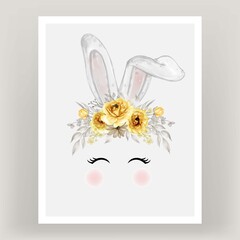 bunny head watercolor with gold yellow rose flower