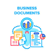 Business Documents And Chart Vector Icon Concept. Business Documents, Agreement And Contract, Researching And Analyzing Infographic, Financial Report And Accounting Color Illustration