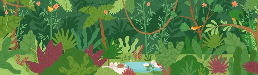 Horizontal landscape of tropical jungle. Panoramic view of dense forest with palms and lianas. Exotic colorful scenery of green rainforest with foliage plants. Colored flat vector illustration - obrazy, fototapety, plakaty