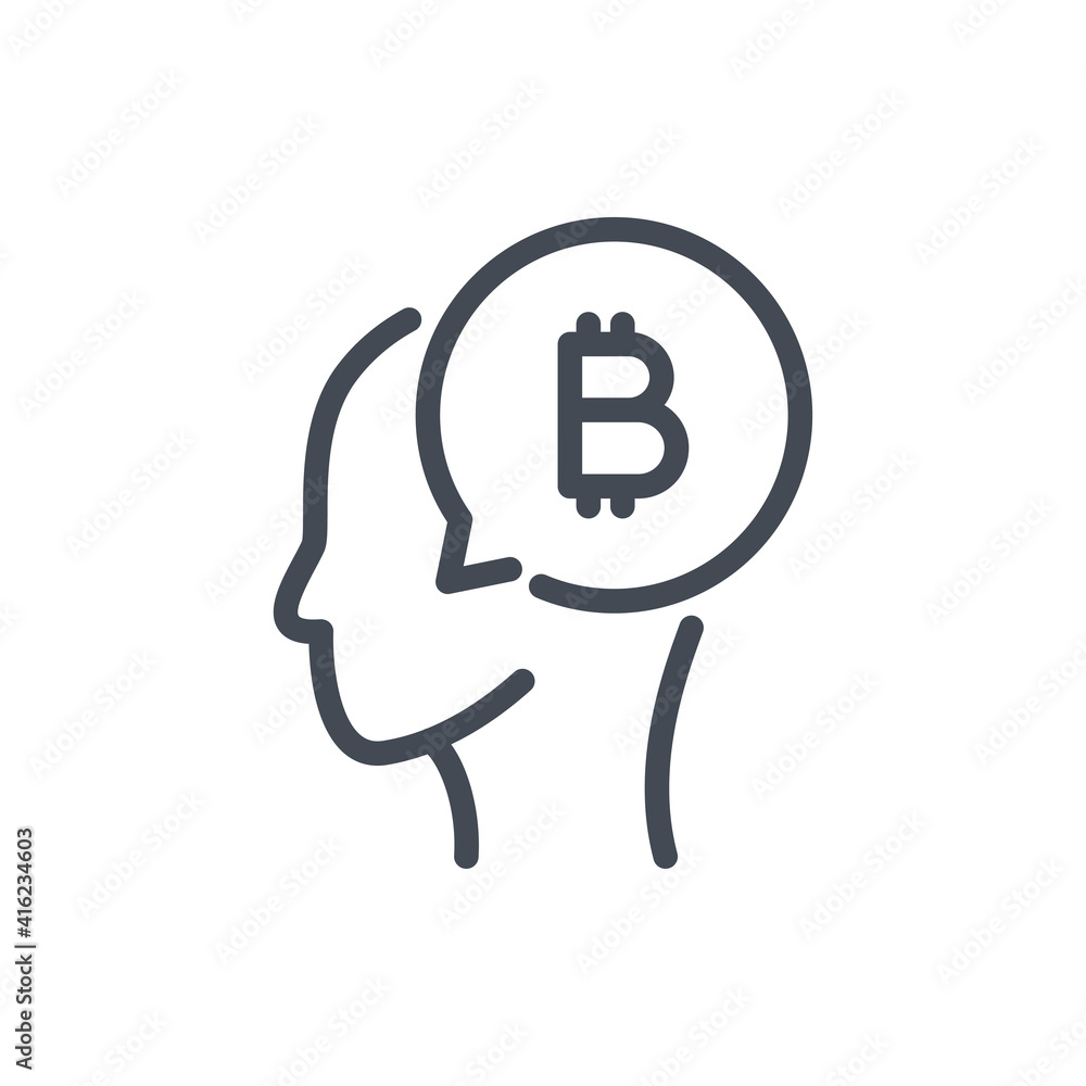 Poster bitcoin thoughts line icon. head with speech bubble and bitcoin vector outline sign.
