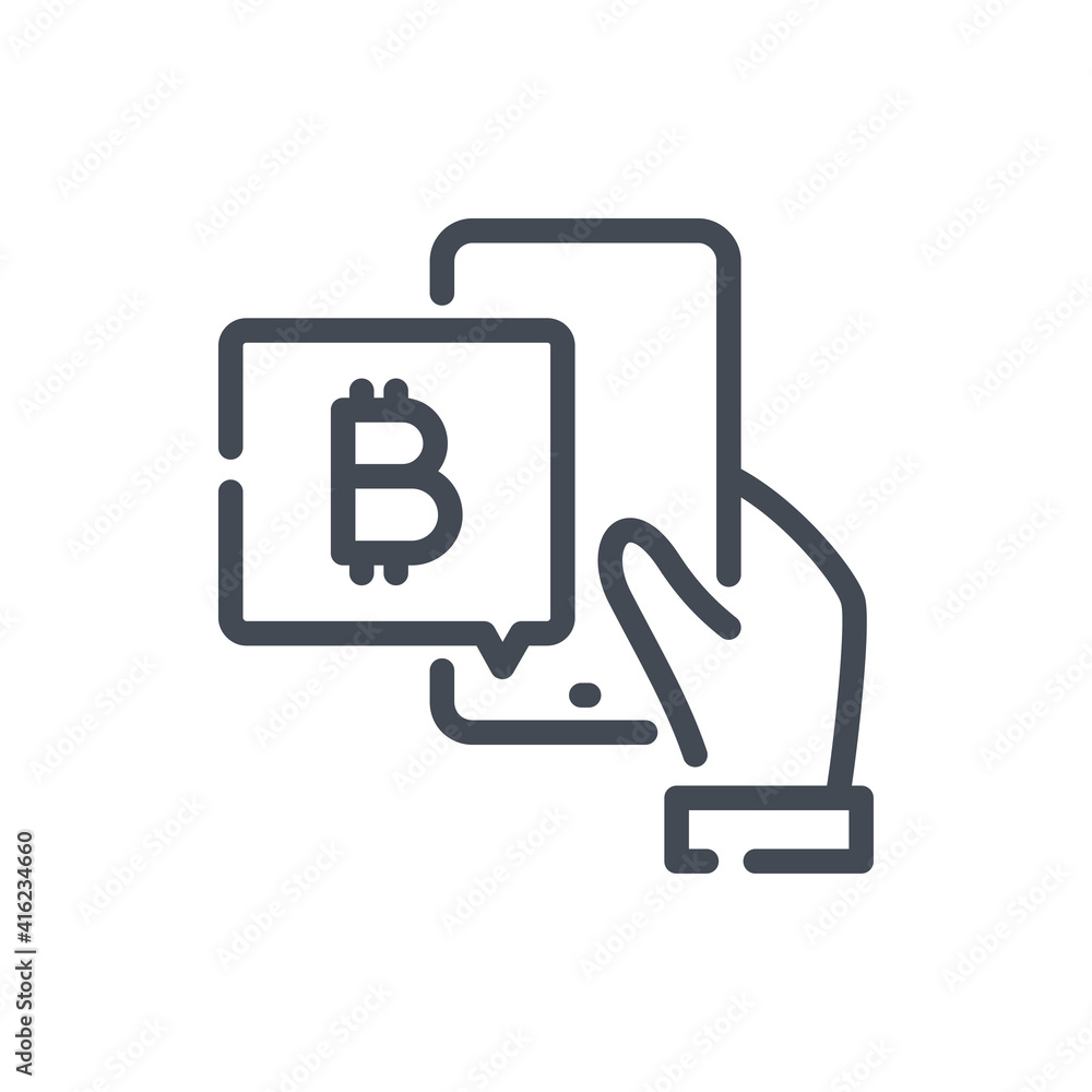 Poster bitcoin mobile trading line icon. hand holding mobile phone with bitcoin vector outline sign.