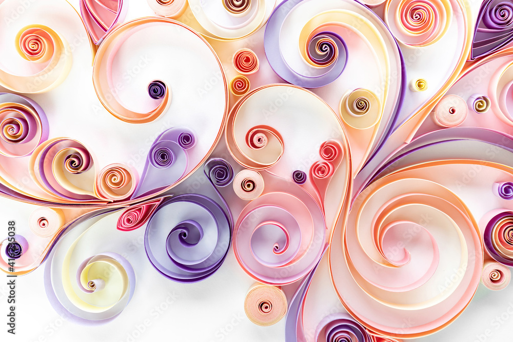Wall mural floral curls and rolls from colored strips of paper. quilling paper is an art hobby. abstract backgr