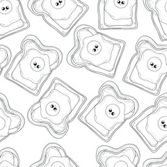 Cartoon toast with spread, butter and fried egg seamless pattern sketch template. Graphic food vector illustartion in black and white for games, background, pattern, decor. Breakfast coloring paper