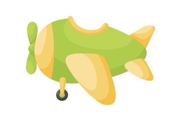 Cute green-yellow airplane on white background. Cartoon transport for kids cards, baby shower, birthday invitation, house interior. Bright colored childish vector illustration in cartoon style. © Jexy