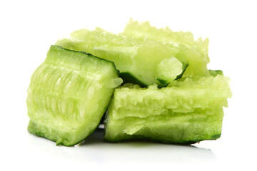 ripe cucumber is broken on white background