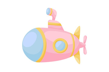 Cute pink submarine with periscope on white background. Cartoon transport for kids cards, baby shower, birthday invitation, house interior. Bright colored childish vector illustration underwater sub