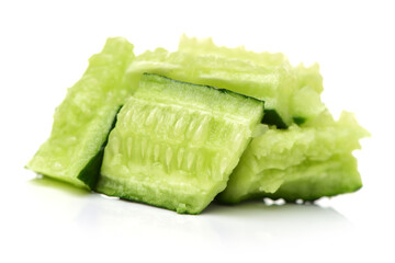ripe cucumber is broken on white background