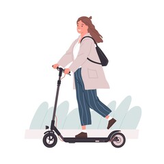 Active young woman riding electric walk scooter. Modern female character driving eco urban transport. Colored flat vector illustration isolated on white background