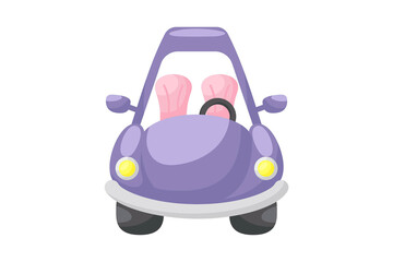 Cute violet car on white background. Cartoon transport for kids cards, baby shower, birthday invitation, house interior. Bright colored childish vector illustration in cartoon style.