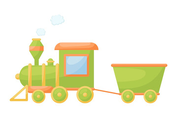 Cute green train with wagon on white background. Cartoon transport for kids cards, baby shower, birthday invitation, house interior. Bright colored childish vector illustration in cartoon style.