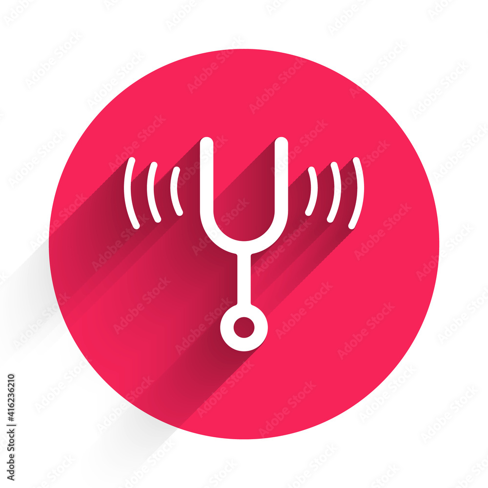 Poster white musical tuning fork for tuning musical instruments icon isolated with long shadow. red circle 