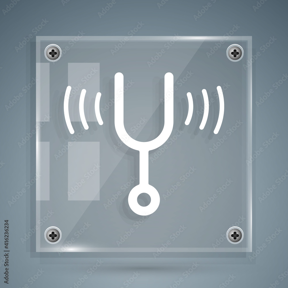 Poster white musical tuning fork for tuning musical instruments icon isolated on grey background. square gl