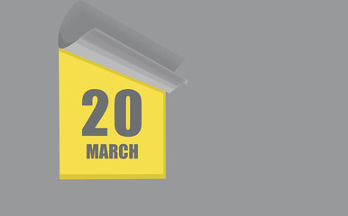 march 20. 20-th day of the month, calendar date. Gray numbers in a yellow window, on a solid isolated background. Spring month, day of the year concept