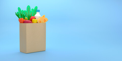 Paper bag with food in a cartoon style. Healthy food with eco-friendly packaging. Food delivery, zero waste. 3d rendering.