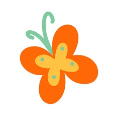 Vector orange butterfly in flat style clipart. Cute insect illustration isolated on white background for cards, stickers, invitations, scrapbooking, design and decoration.