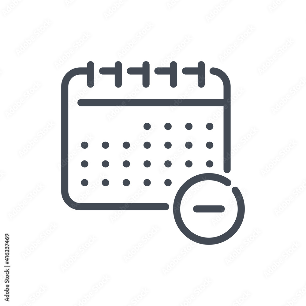 Poster remove from timetable line icon. calendar with minus vector outline sign.