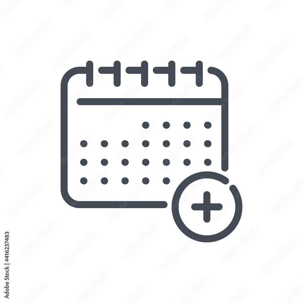 Poster add to timetable line icon. calendar with plus vector outline sign.