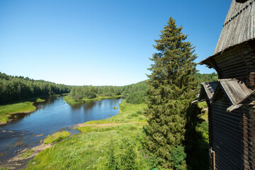 Fragment of Old wooden Church in the village in North Russia.