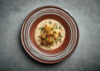 Baked homemade cauliflower in gruyere cheese sauce, herbs and olive oil in a ceramic plate on a dark background, healthy food, copy space, top view