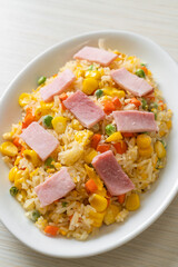 fried rice with ham and mixed vegetable (carrot, green bean peas, carrot)