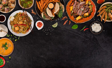 Various of asian meals on rustic background , top view , place for text. Asian food concept.