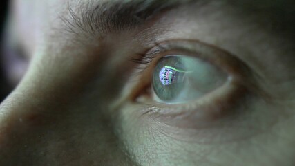 Eye Looking at Computer Screen Programming Hacker Code Reflecting in Eyeball