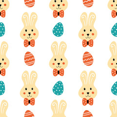 Easter bunnies characters and decorated eggs cartoon style vector seamless pattern background for Easter design.
