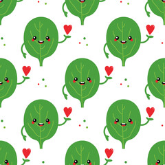 Cute cartoon style green spinach leaves characters holding red hearts vector seamless pattern background.
